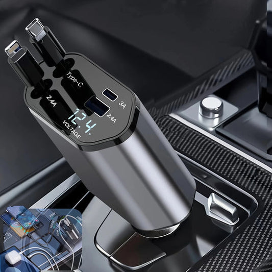 120W Retractable Car Charger with Dual USB & Type-C | Fast Charging Car Lighter Adapter with Voltage Display